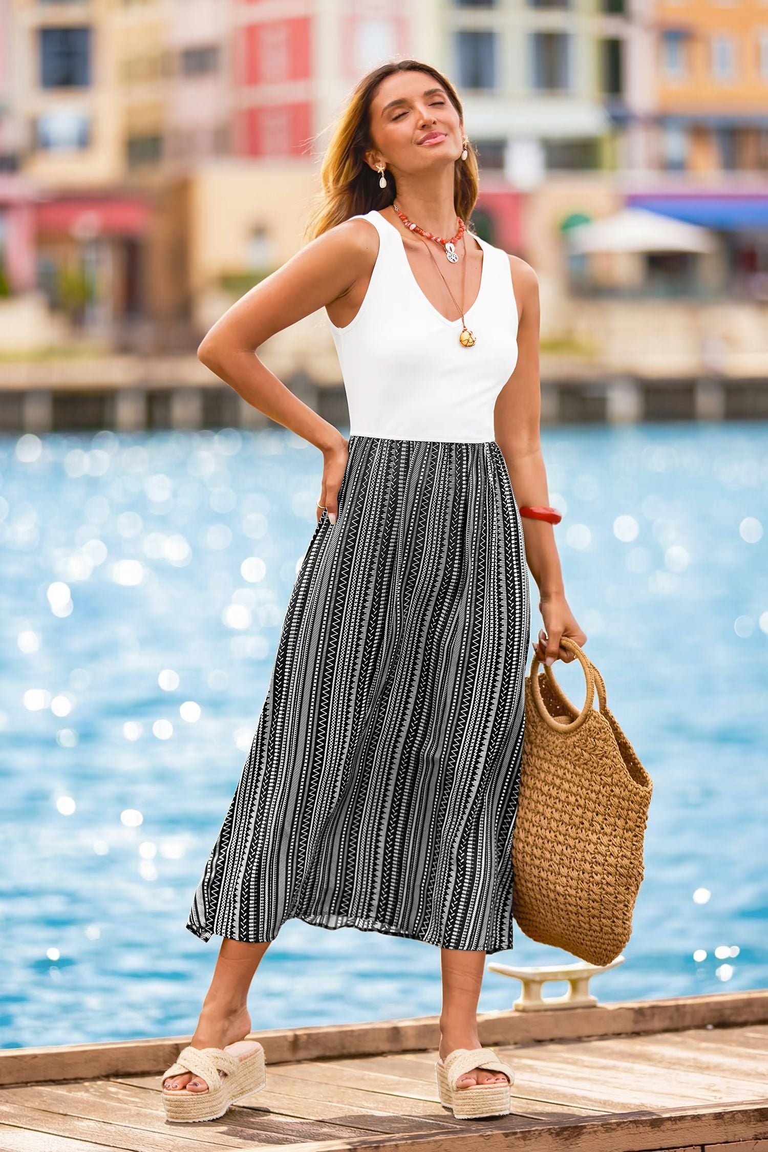 Geometric Stripe V-Neck Sleeveless Maxi Dress