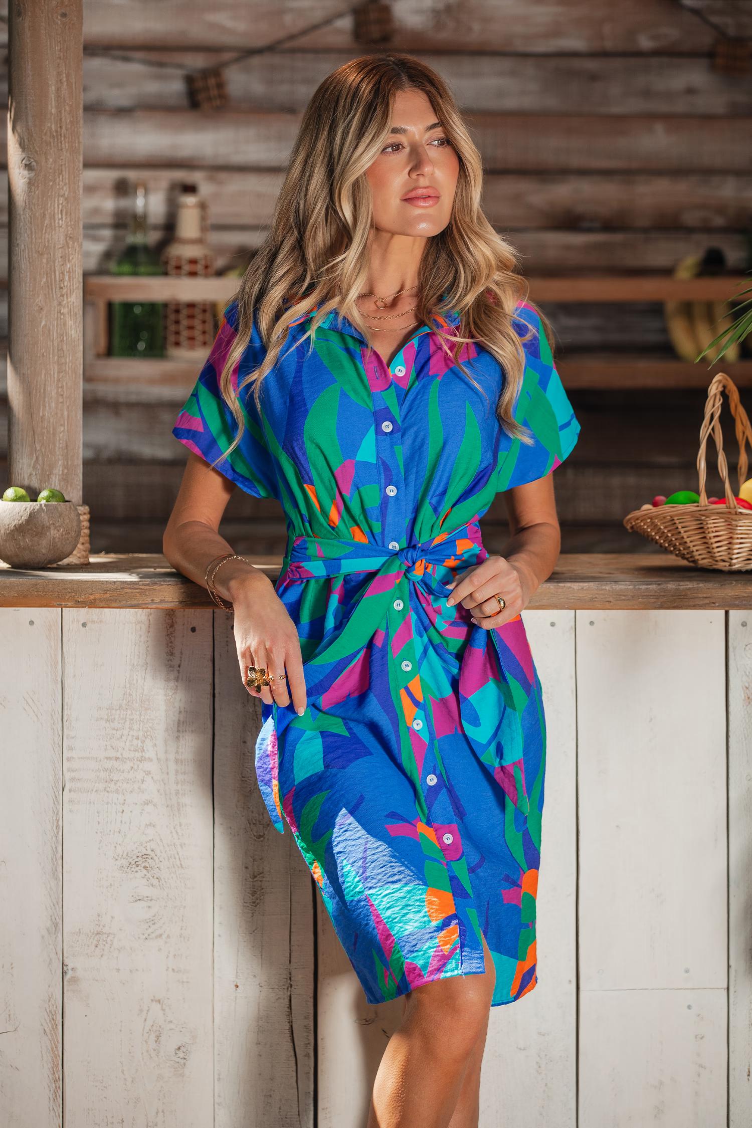 Abstract Collared Short Sleeve Mini Dress