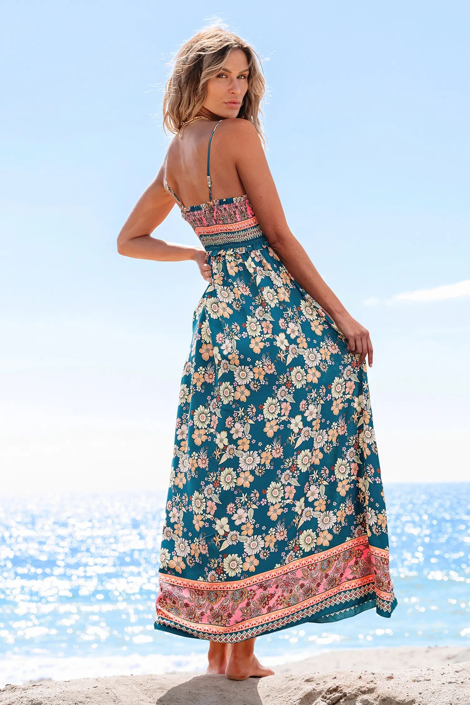 Spring Bloom Floral Smocked Square Neck Maxi Dress