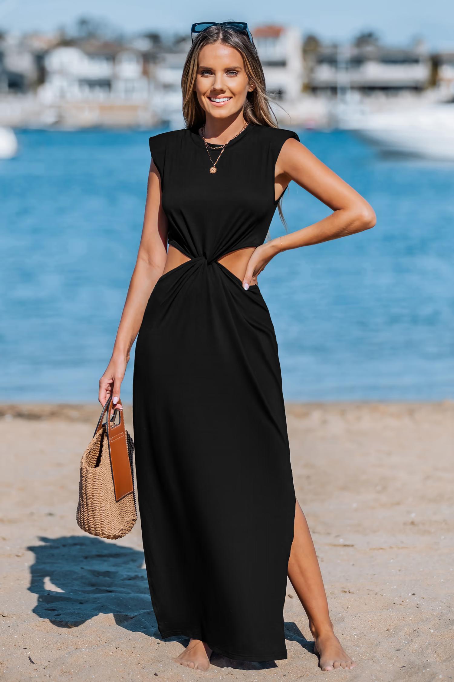 Structured Shoulder Midi Dress with Split Hem