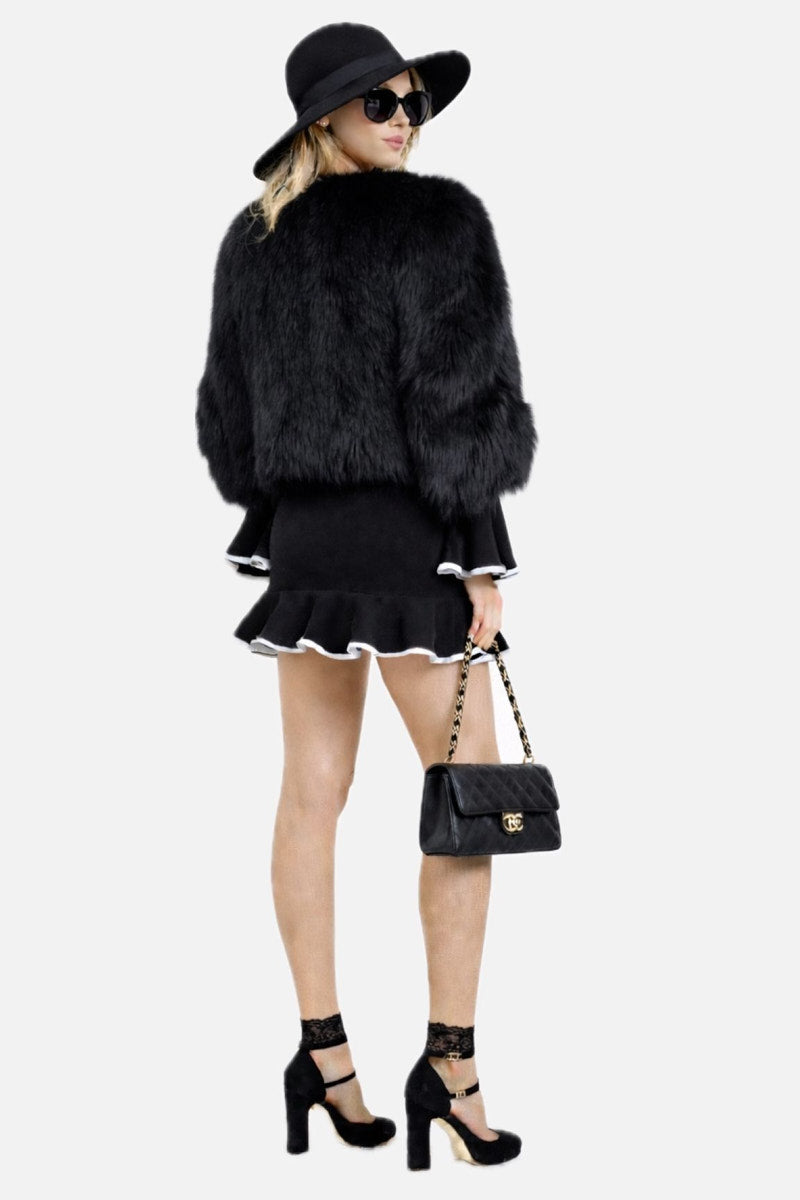 Long Sleeve Mini Dress with Back Cut-Out, Ruffle Hem and Cuffs, and Contrast Binding