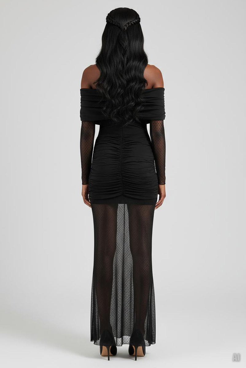 Turtleneck Long Sleeve Mini Dress with Ruched Tulle Details