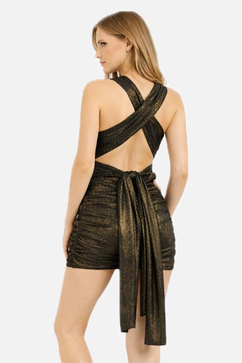 Black-Gold Ruched Mini Dress