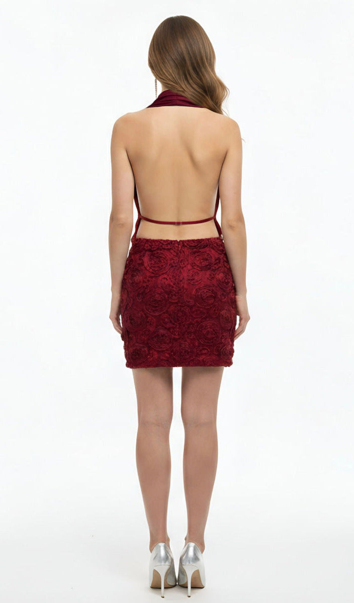 Satin Rose-Patterned Mini Dress with Open Back, Hidden Back Zipper