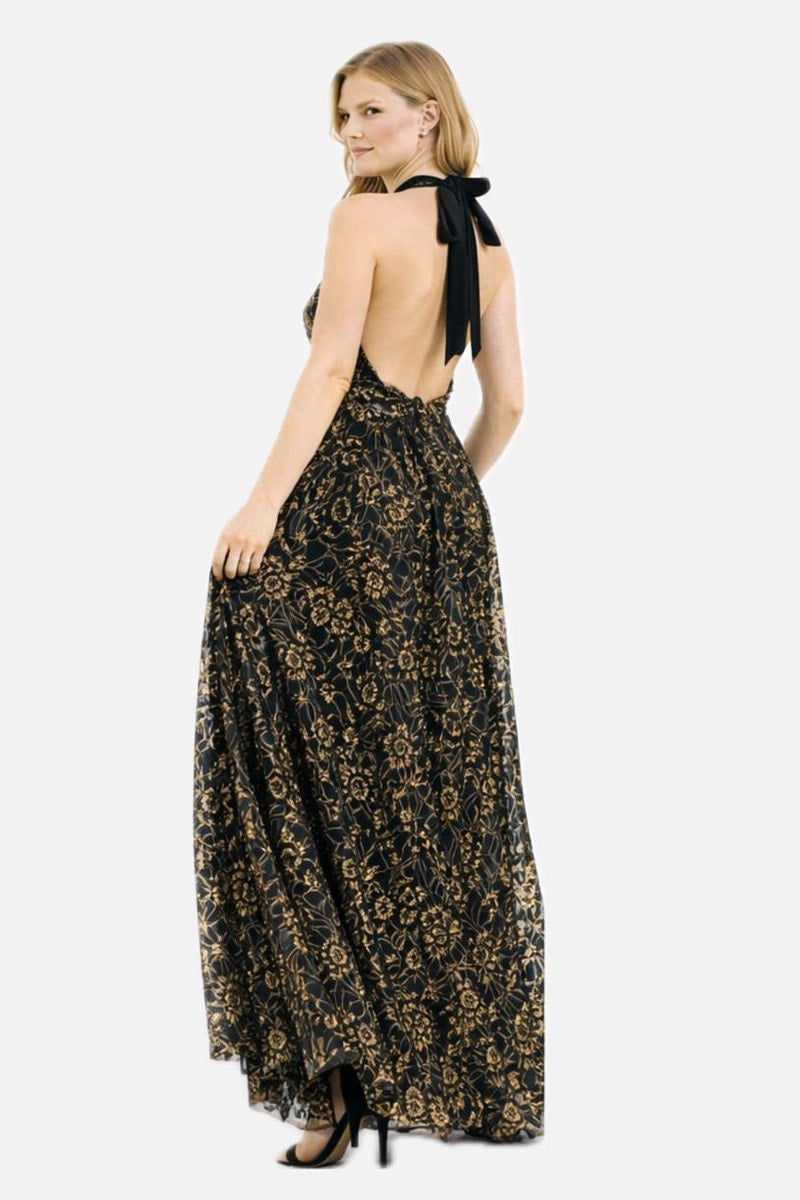 Halter Neck Floral-Patterned Gold-Black Maxi Dress with Partial Lining