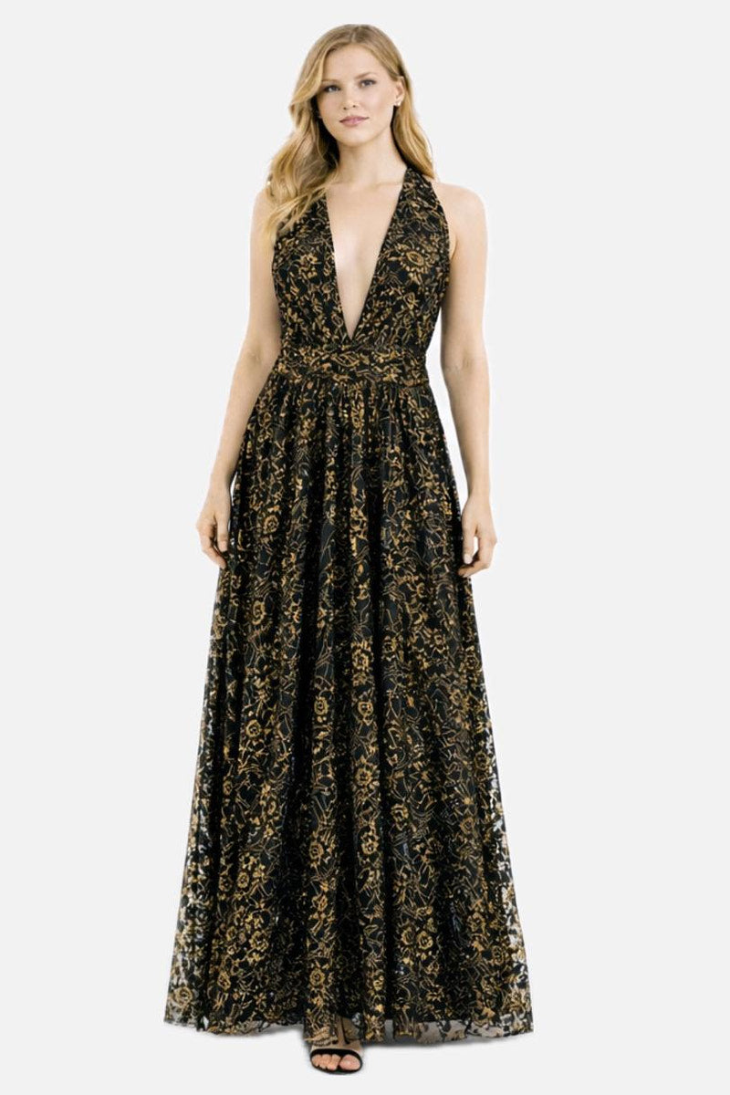 Halter Neck Floral-Patterned Gold-Black Maxi Dress with Partial Lining
