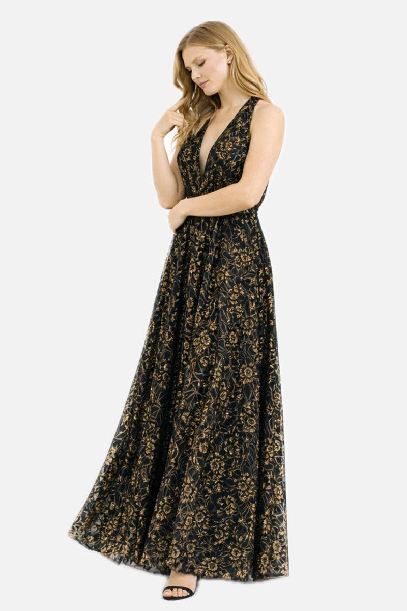 Halter Neck Floral-Patterned Gold-Black Maxi Dress with Partial Lining