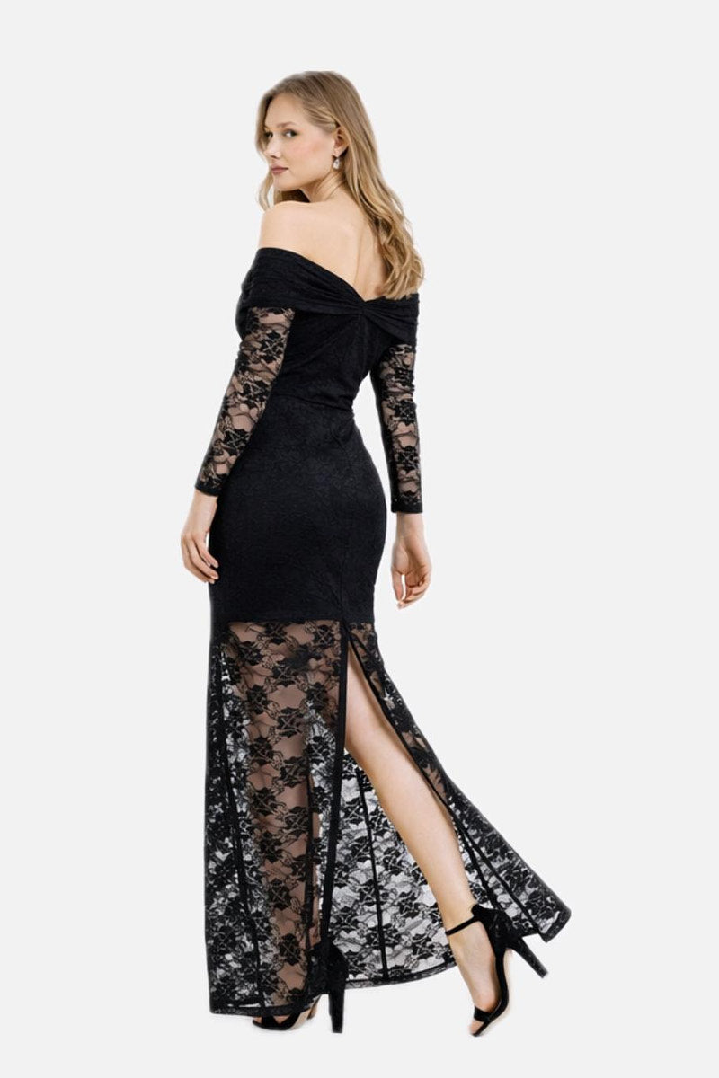 Boat Neck Long Sleeve Slit Lace Maxi Dress with Partial Lining