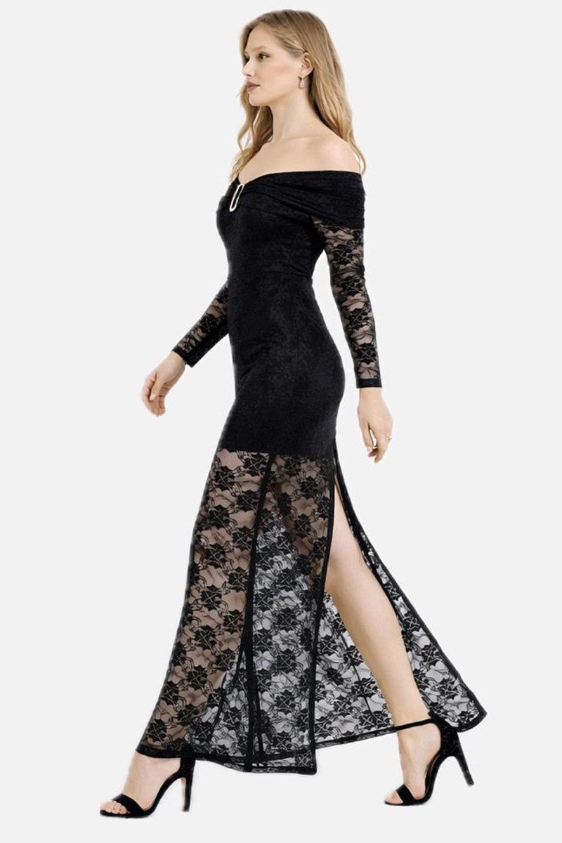 Boat Neck Long Sleeve Slit Lace Maxi Dress with Partial Lining