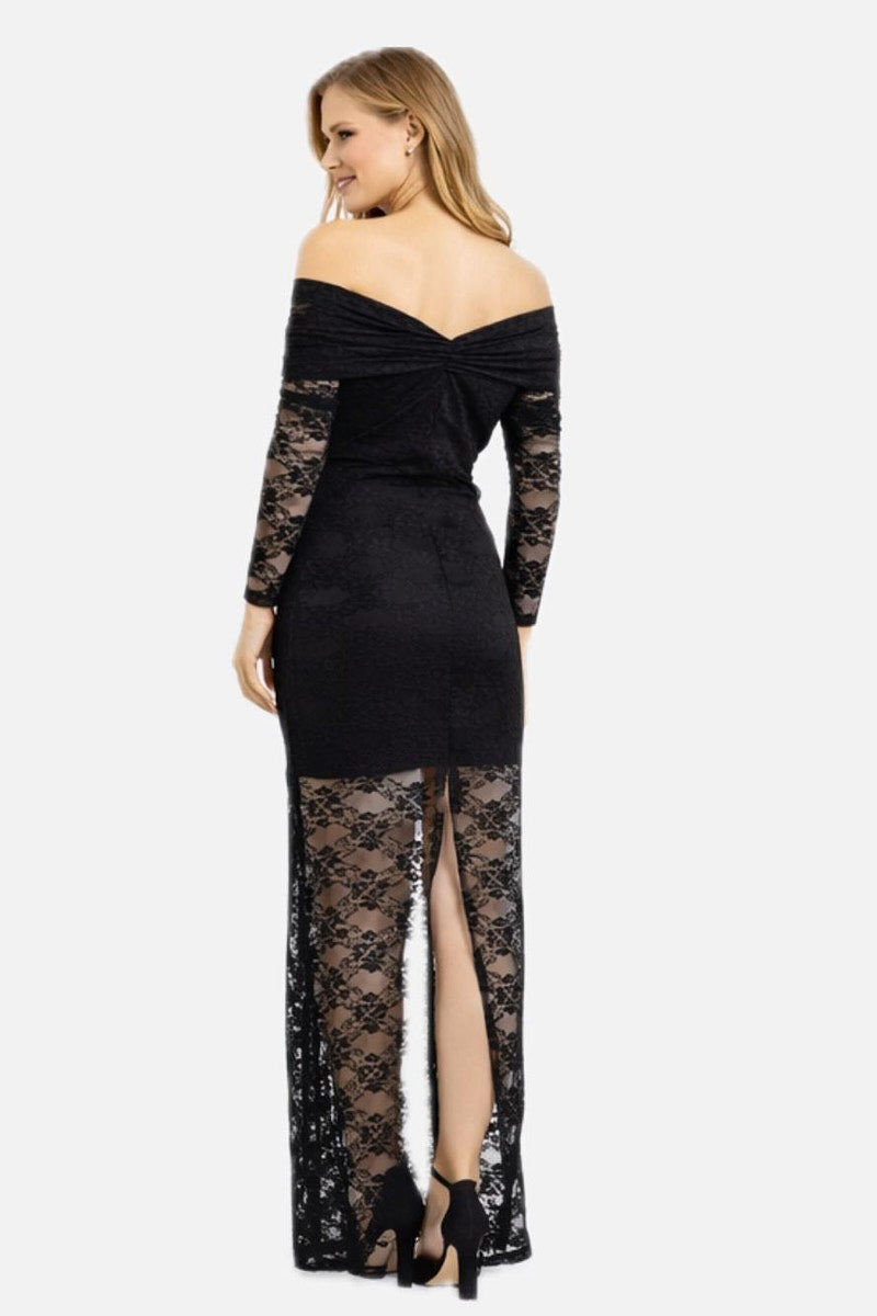 Boat Neck Long Sleeve Slit Lace Maxi Dress with Partial Lining