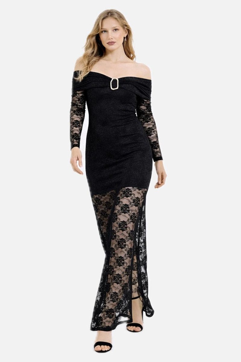 Boat Neck Long Sleeve Slit Lace Maxi Dress with Partial Lining