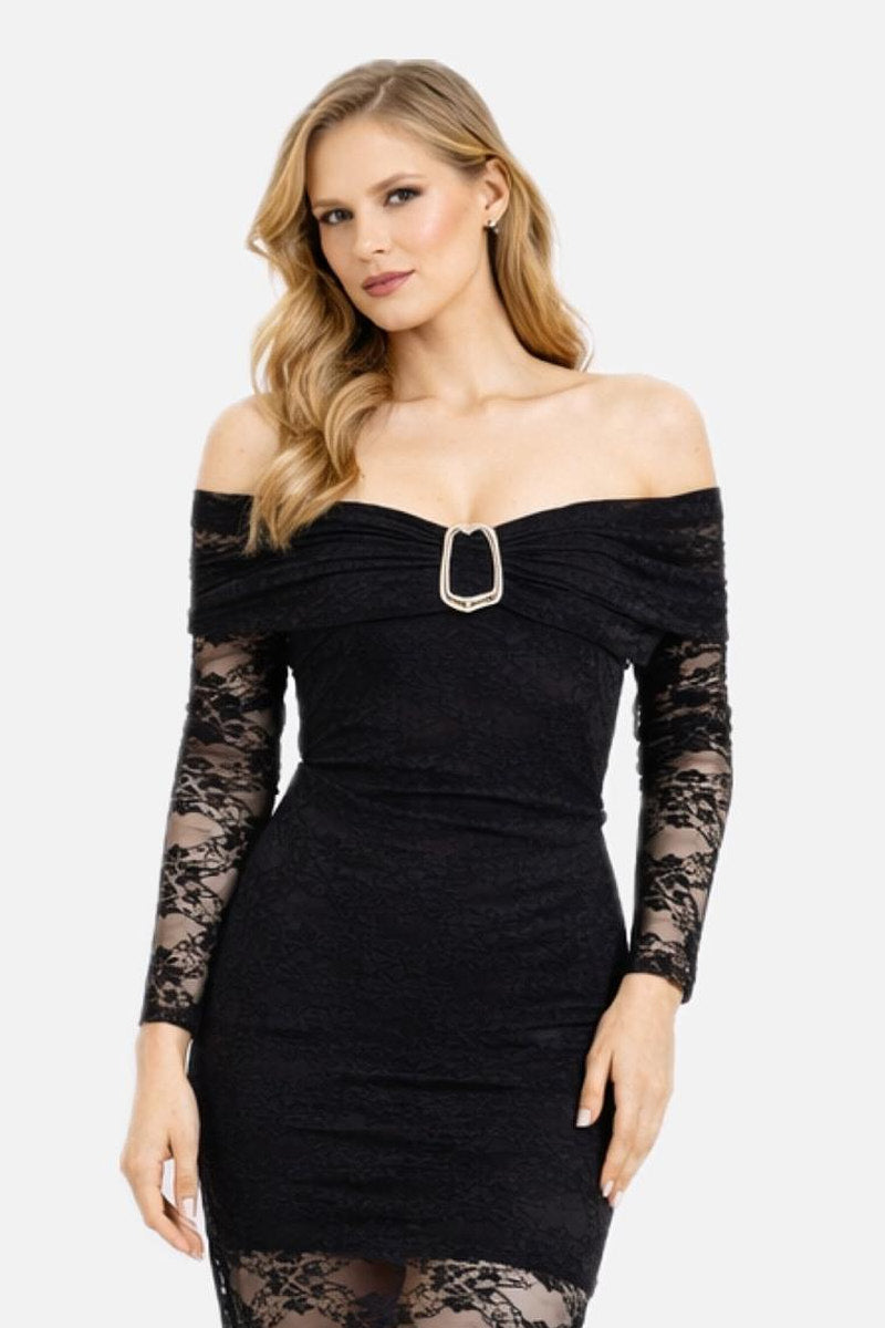 Boat Neck Long Sleeve Slit Lace Maxi Dress with Partial Lining