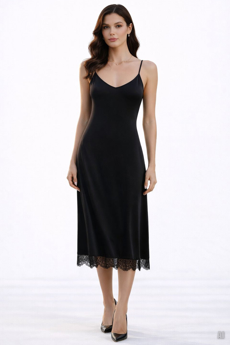 Lace-Detail Skirt Adjustable Strap V-Neck Midi Dress