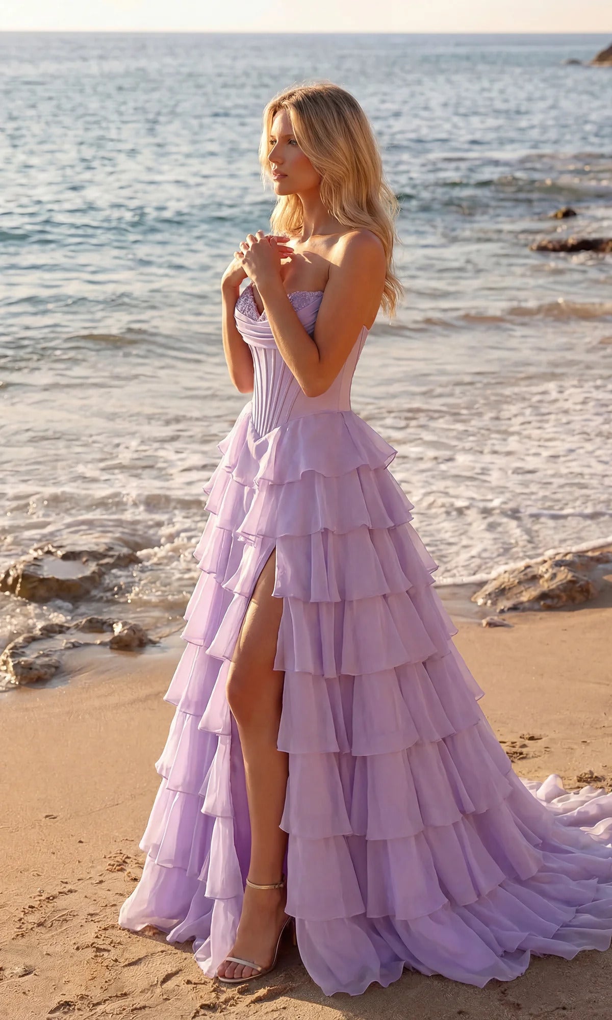 Strapless Sweetheart Corset Ruffled Slit Ball Gown