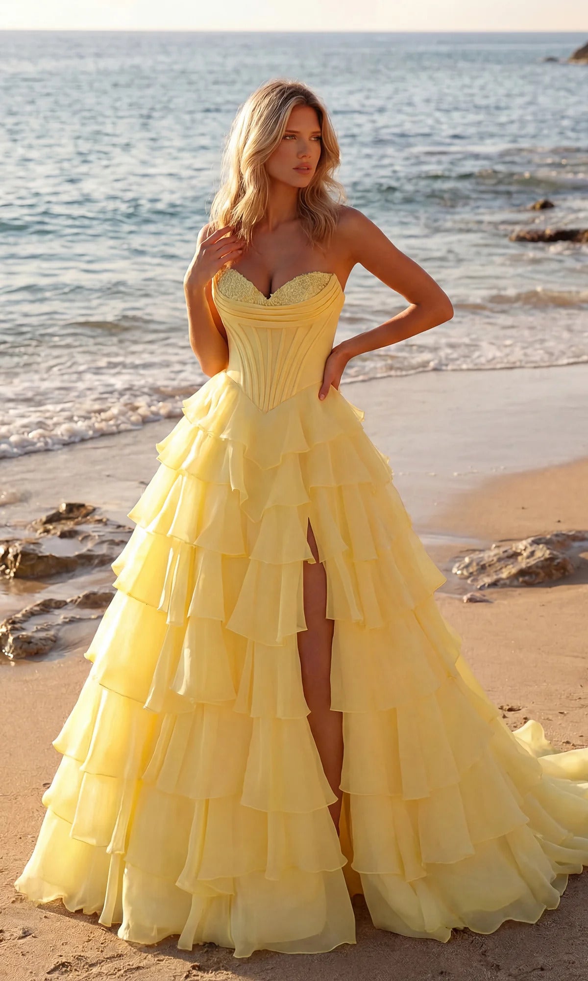 Strapless Sweetheart Corset Ruffled Slit Ball Gown