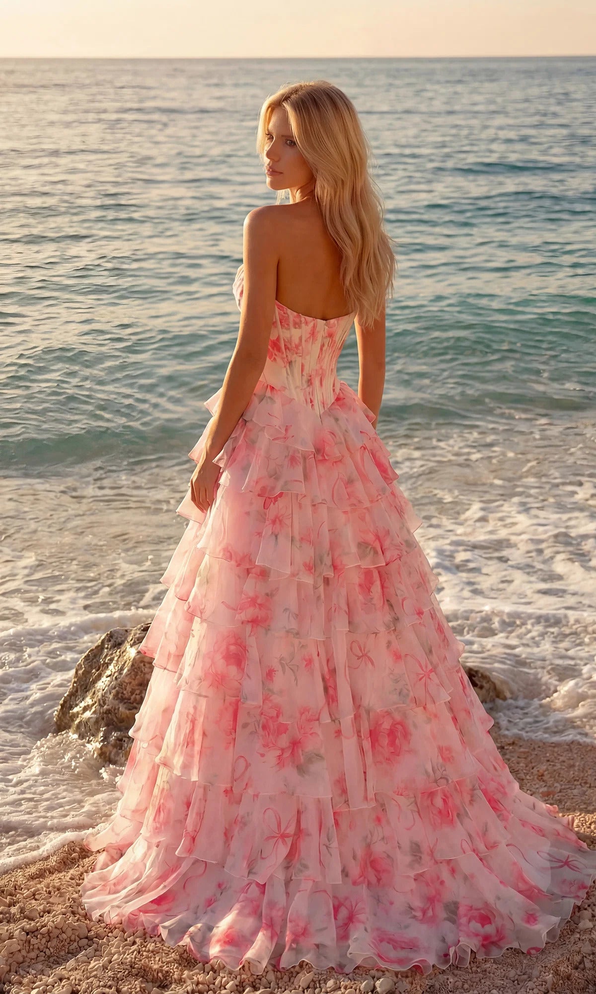 Floral Corset Sweetheart Ruffled Slit Ball Dress
