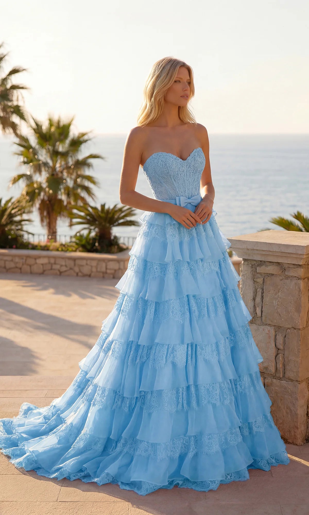 Sweetheart Lace Corset Chiffon Tiered Slit Ball Gown