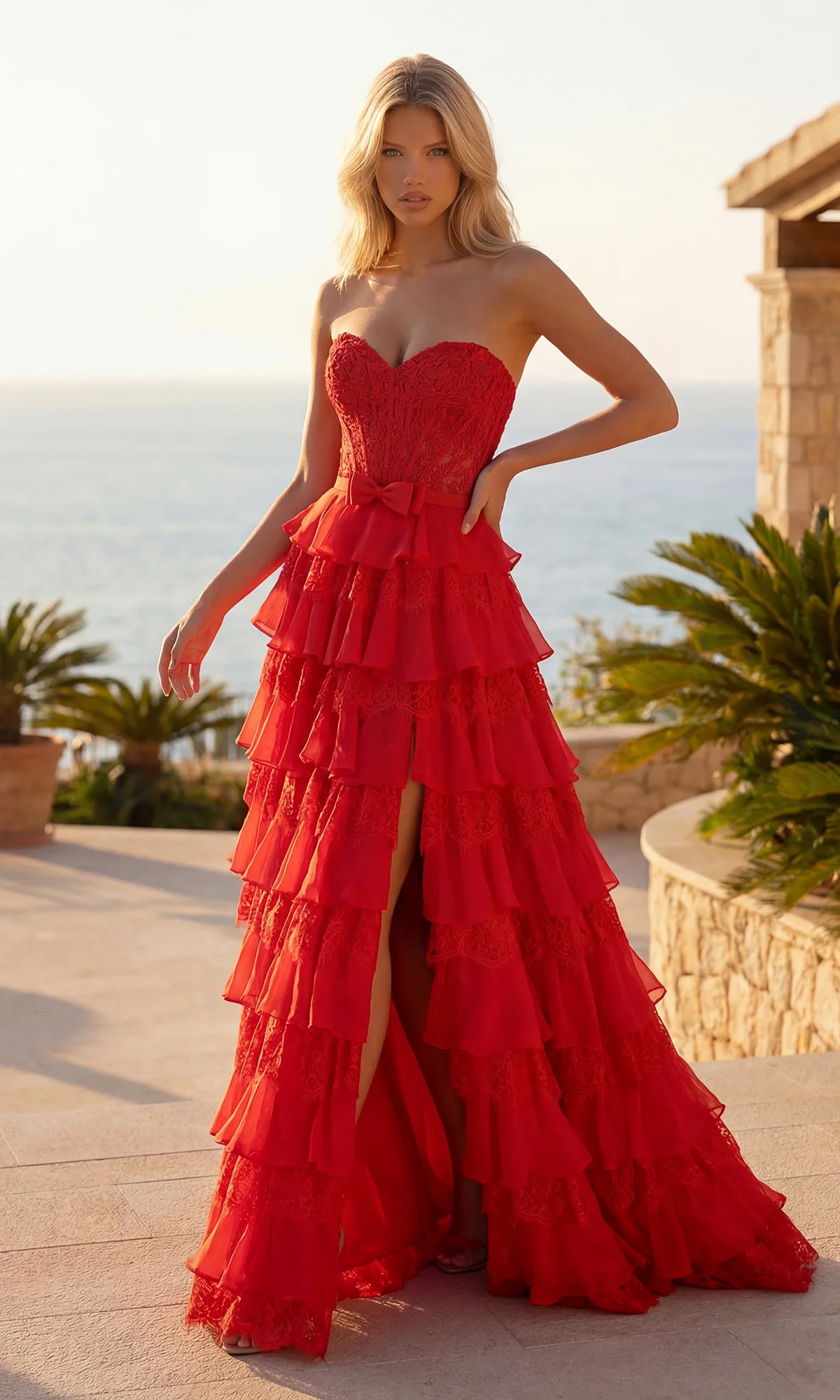 Sweetheart Lace Corset Chiffon Tiered Slit Ball Gown