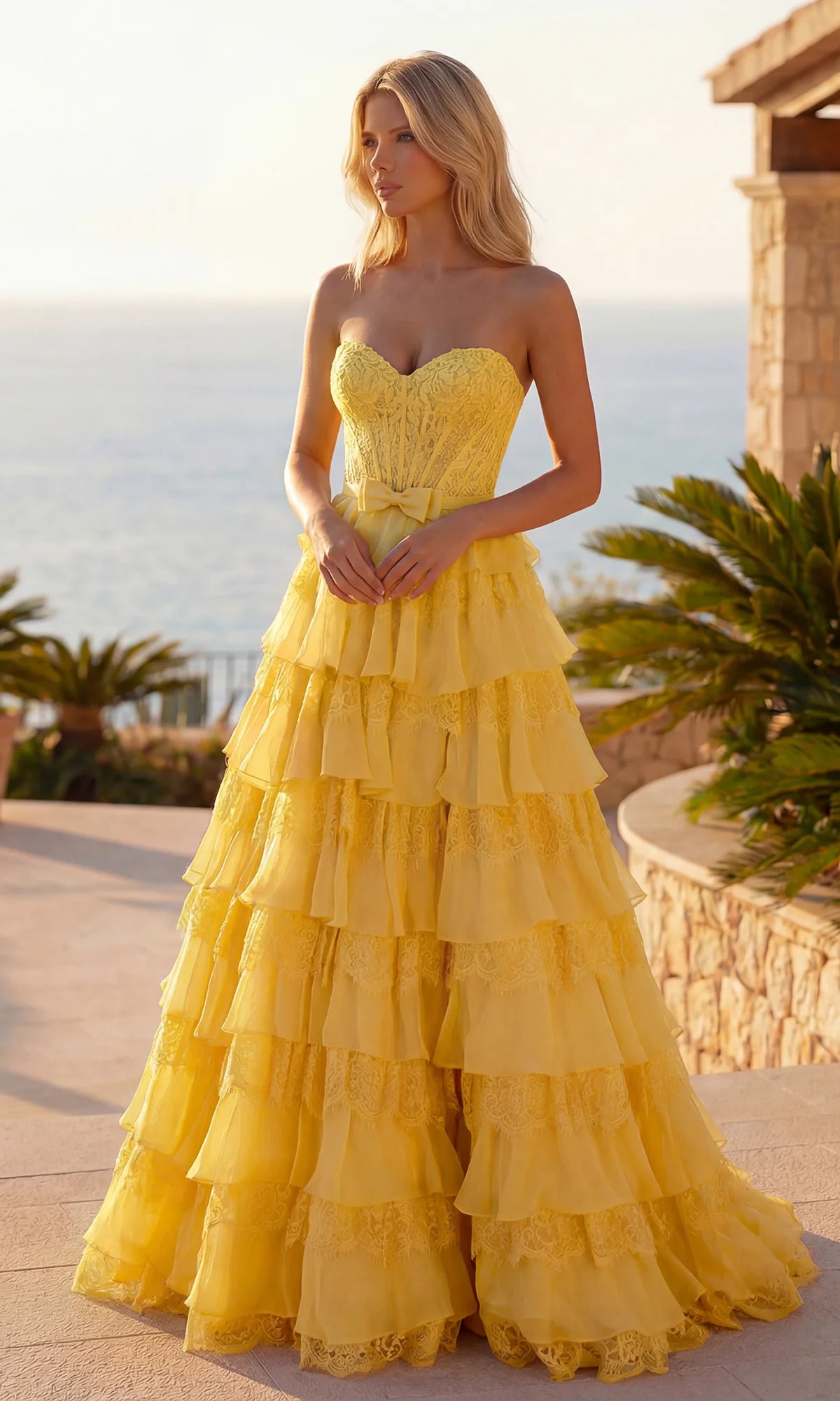 Sweetheart Lace Corset Chiffon Tiered Slit Ball Gown