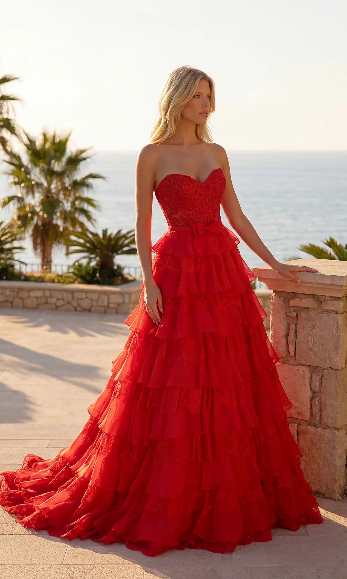 Sweetheart Lace Corset Chiffon Tiered Slit Ball Gown