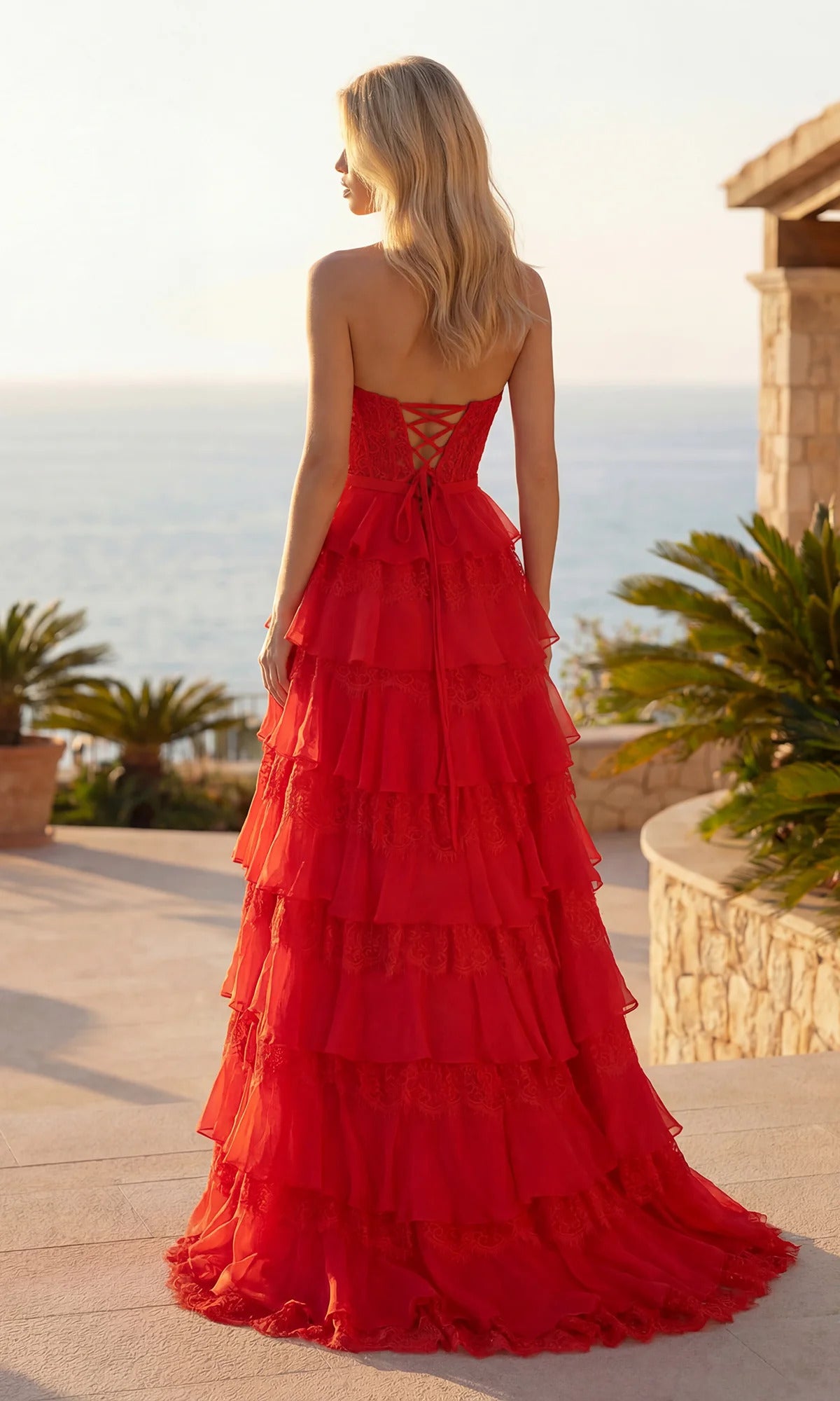 Sweetheart Lace Corset Chiffon Tiered Slit Ball Gown
