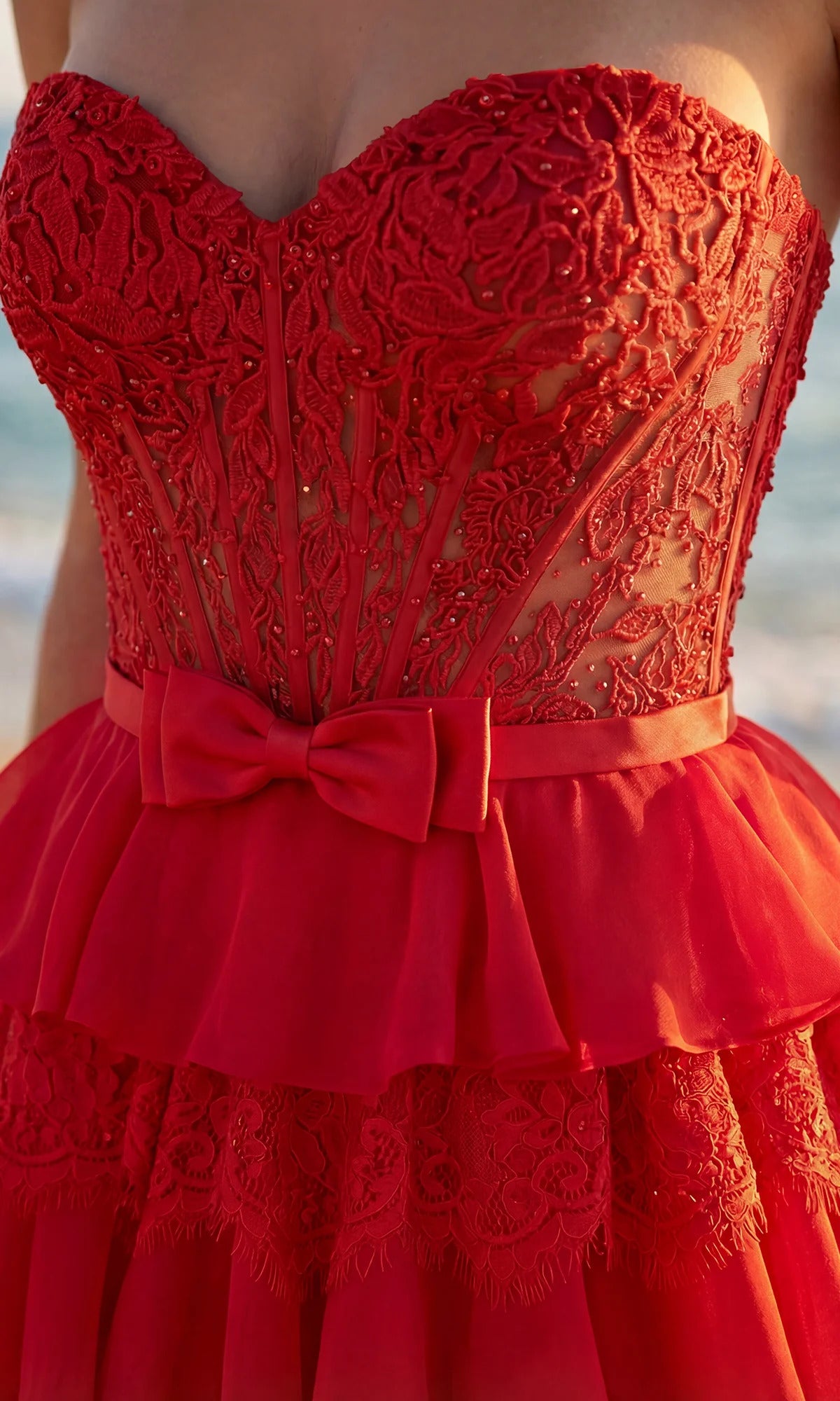 Sweetheart Lace Corset Chiffon Tiered Slit Ball Gown