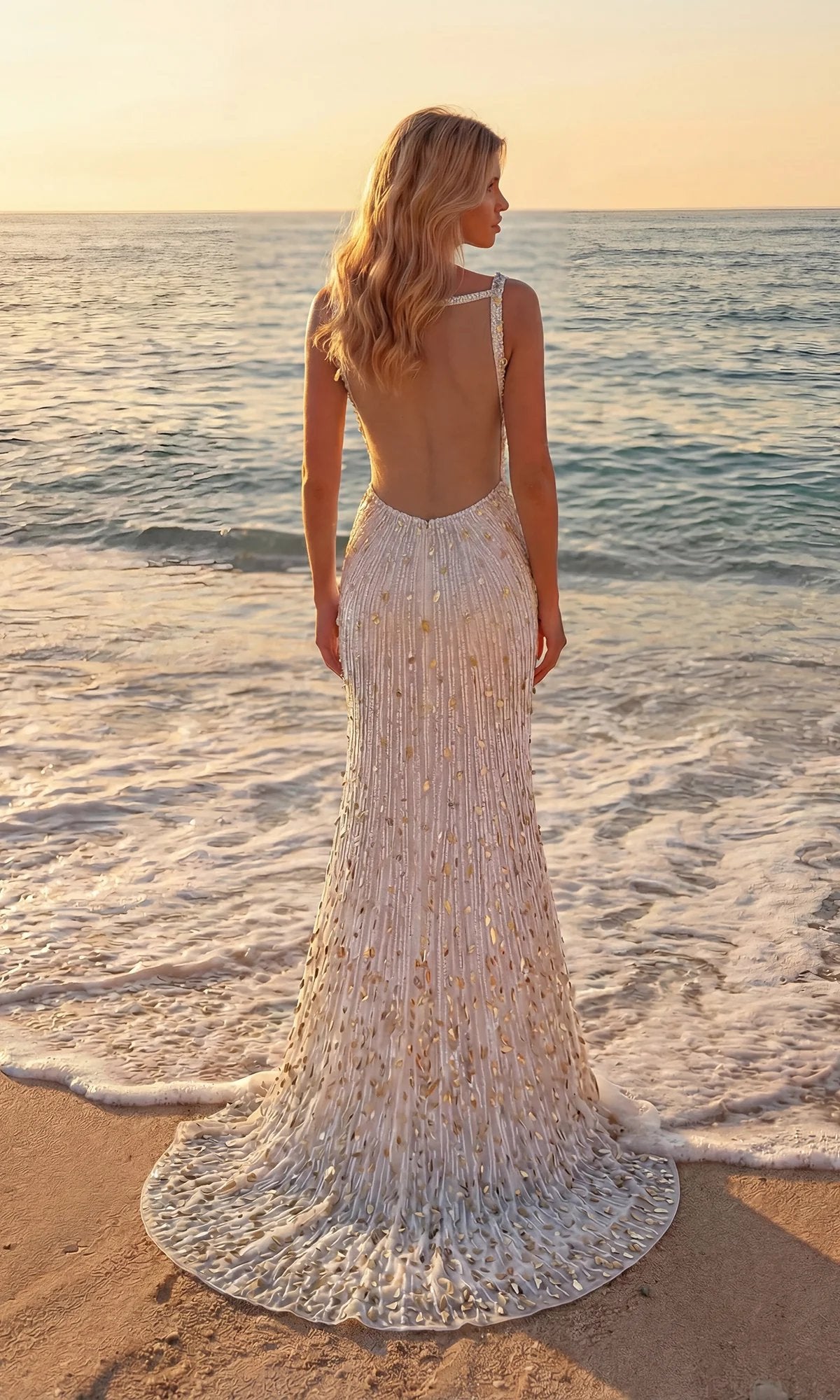 Sequin Paillette V Neck Backless Slit Prom Gown