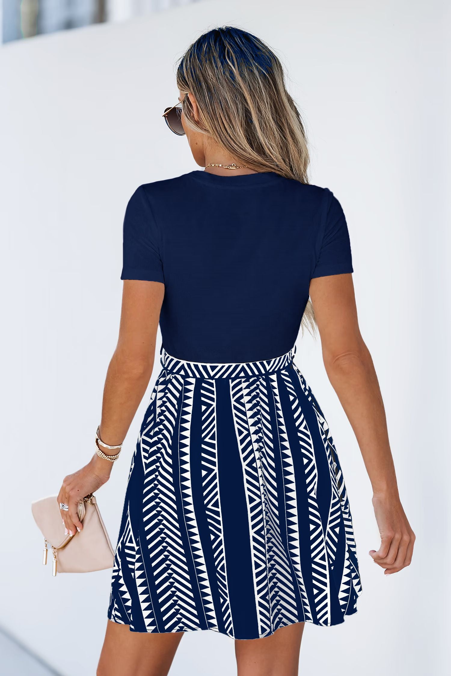 Navy Geo Stripe Belted Short Sleeve Fit & Flare Mini Dress