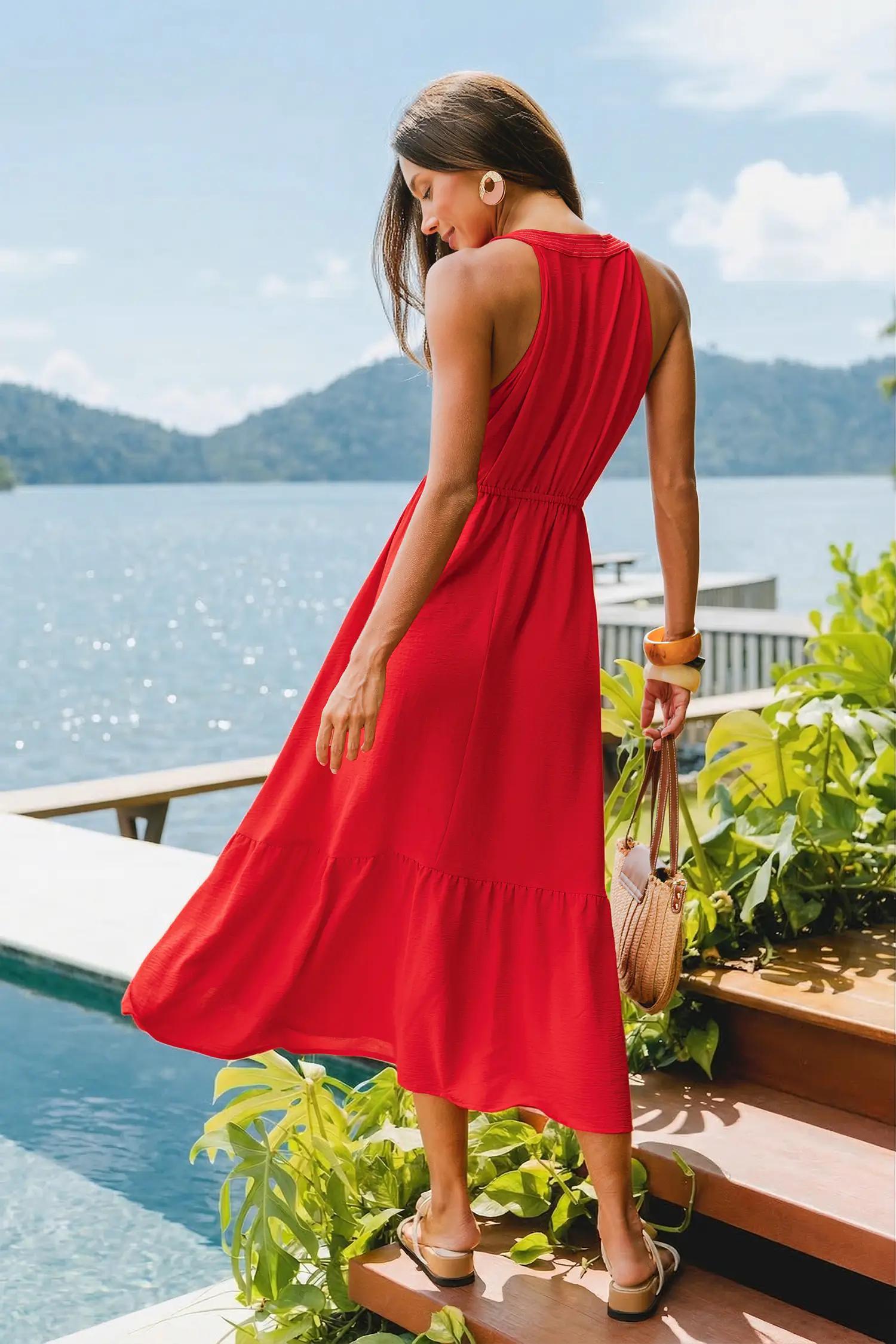 Sunset Red Notch Neck Maxi Dress