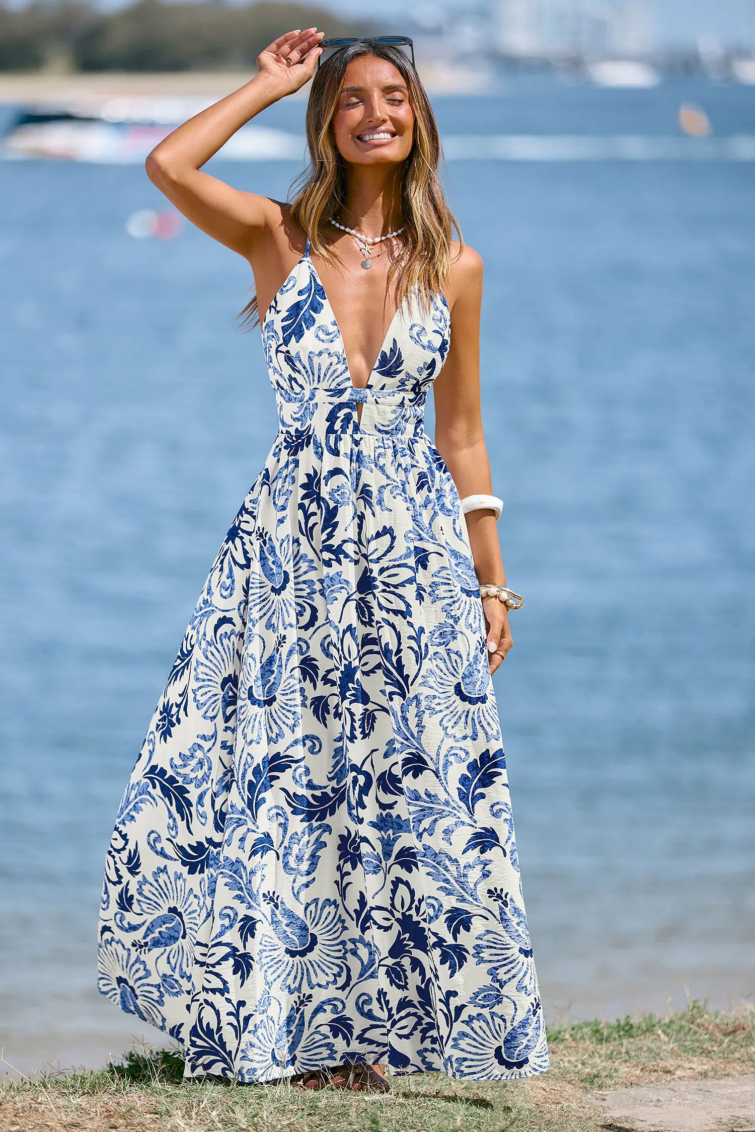Ornate Floral Plunge Neck Sleeveless Maxi Dress
