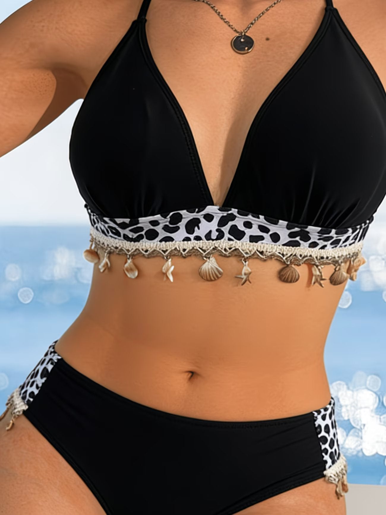 Leopard Printed Metal Charm Tassel High-Waisted Black Bikini Set