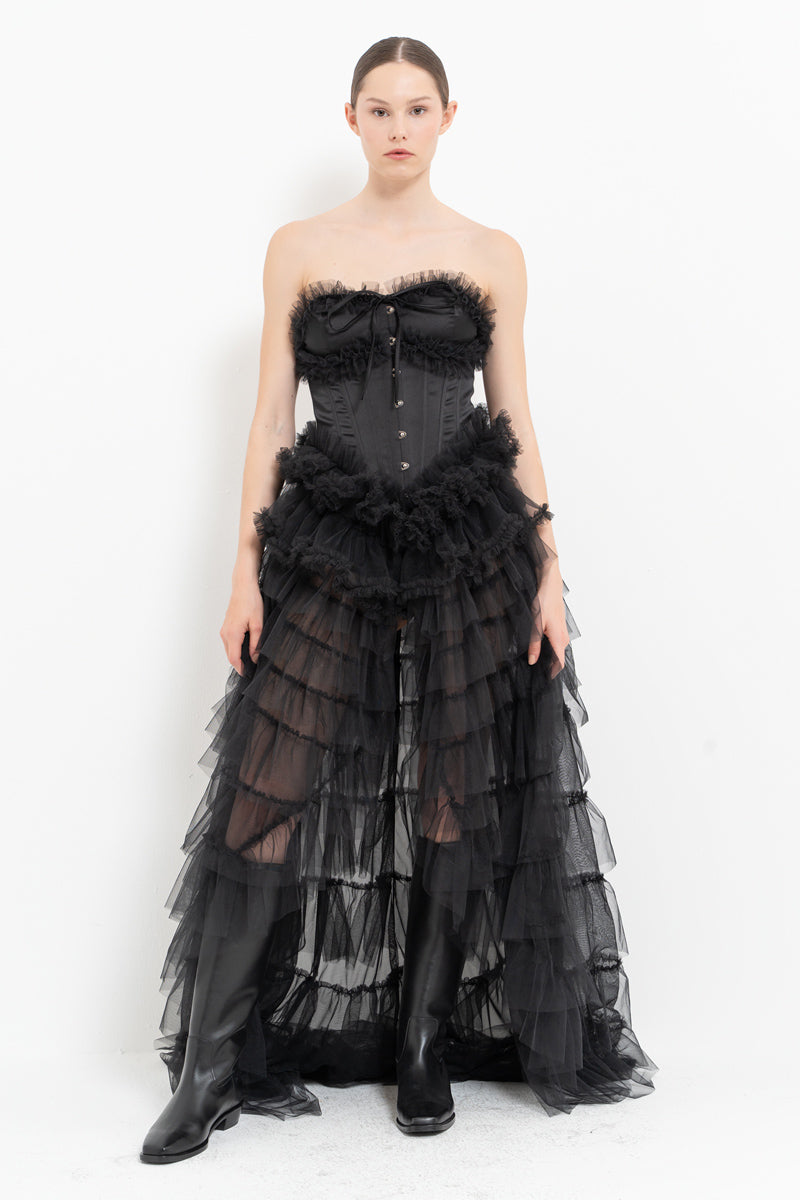 Black Strapless Bustier with Ruffled Tulle Skirt