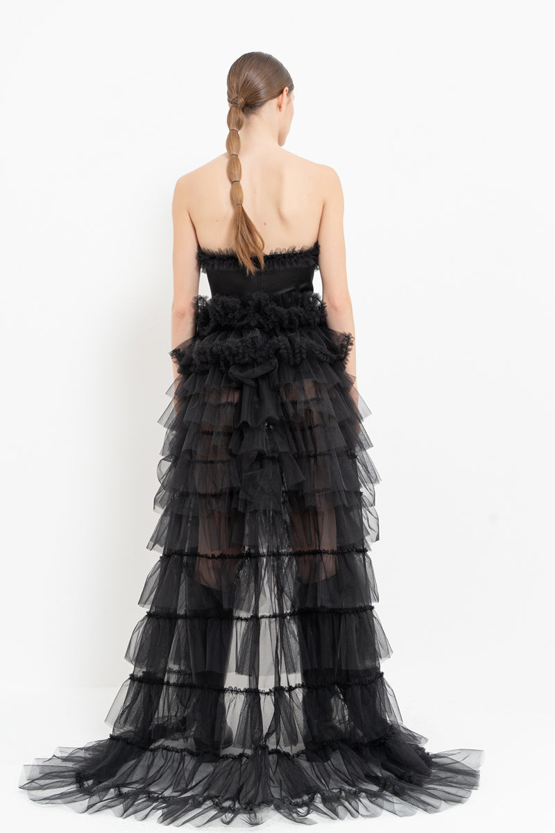 Black Strapless Bustier with Ruffled Tulle Skirt