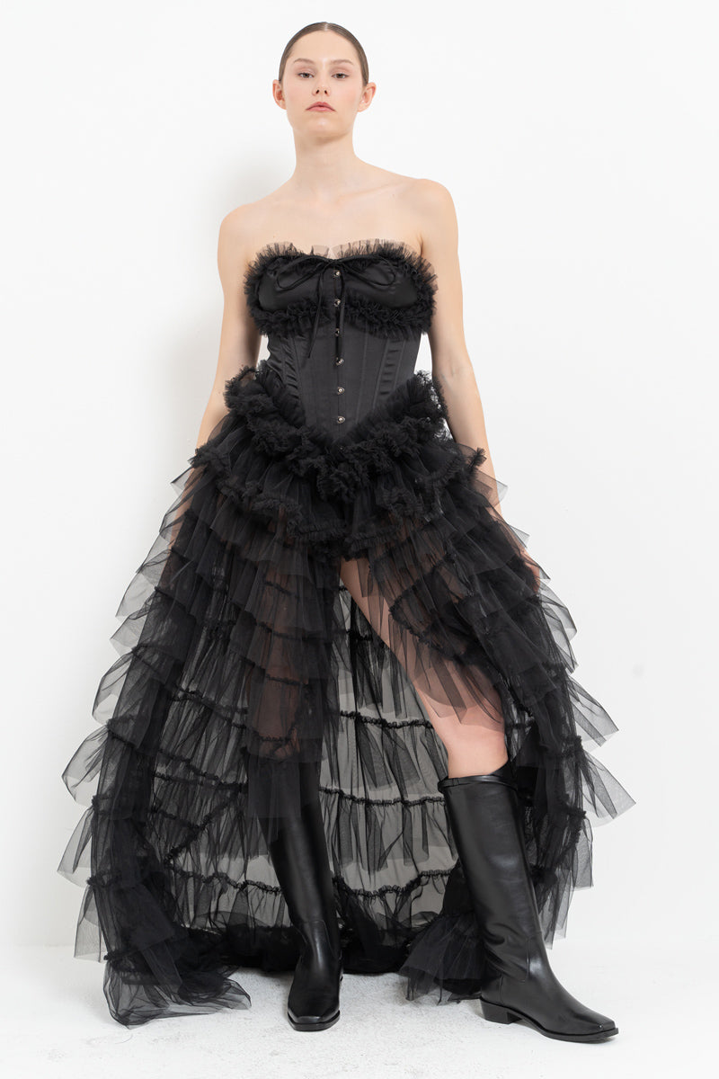 Black Strapless Bustier with Ruffled Tulle Skirt