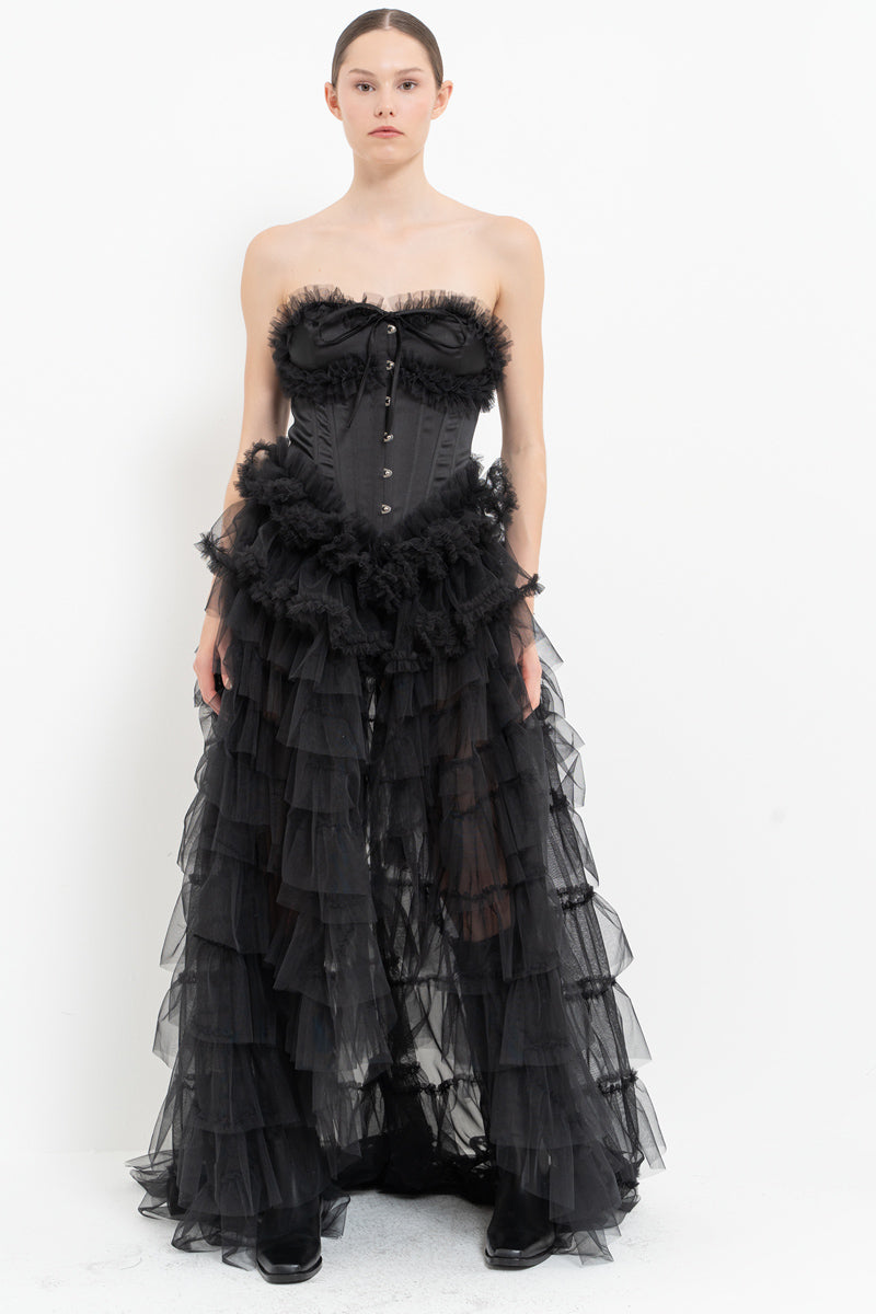 Black Strapless Bustier with Ruffled Tulle Skirt