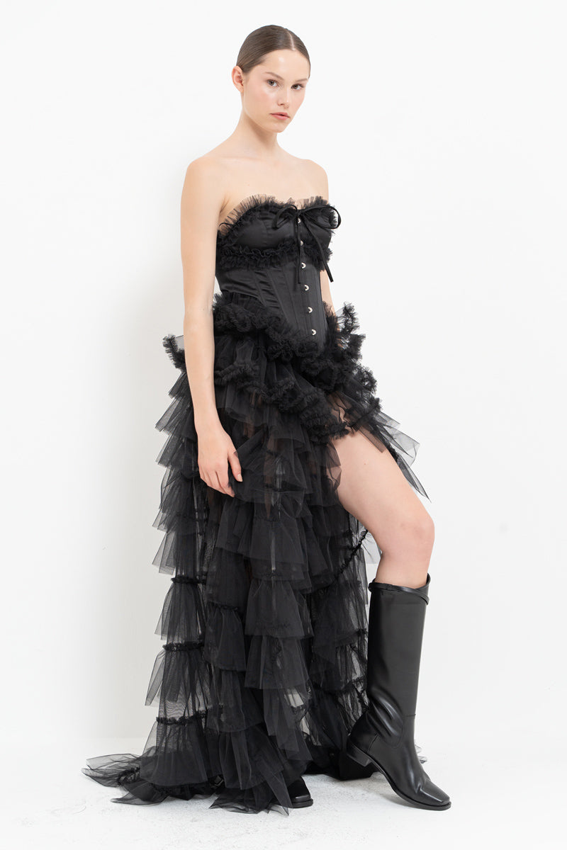 Black Strapless Bustier with Ruffled Tulle Skirt