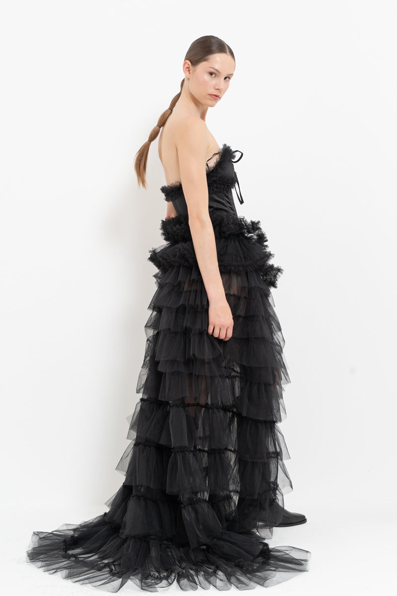 Black Strapless Bustier with Ruffled Tulle Skirt