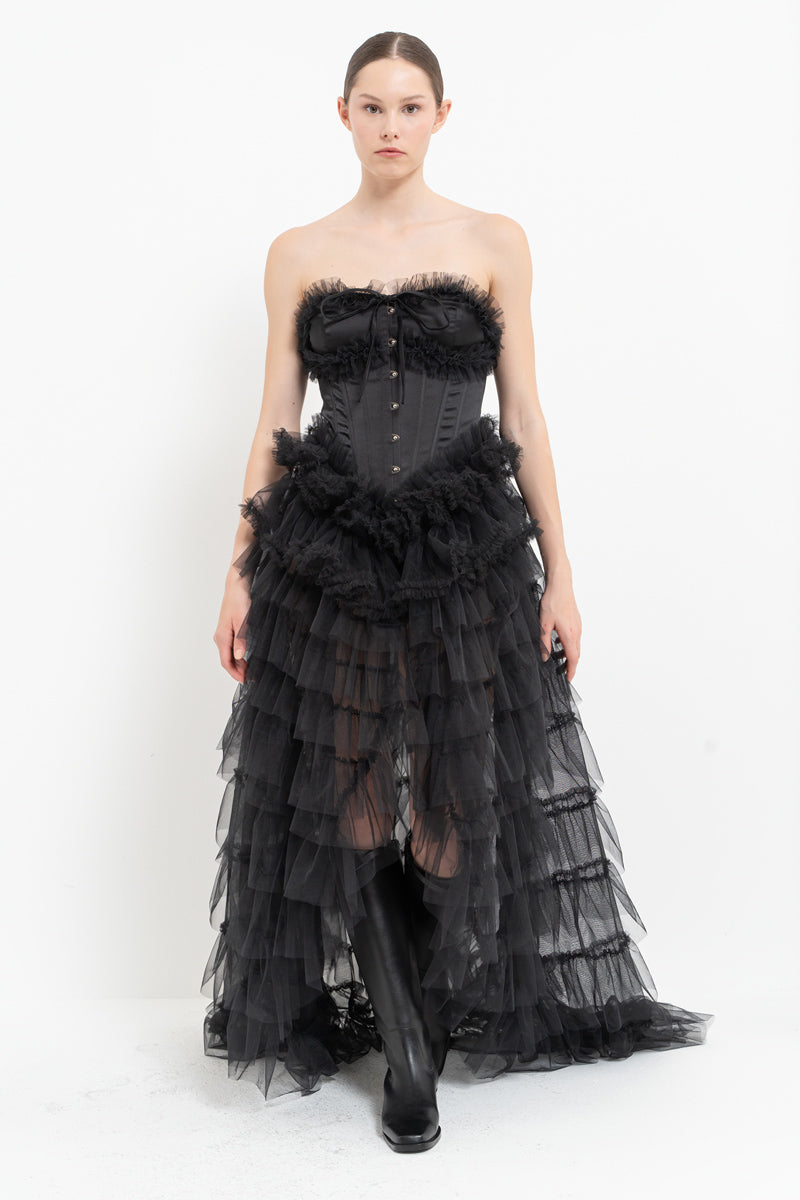Black Strapless Bustier with Ruffled Tulle Skirt