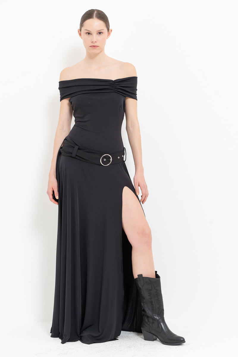 Black Belted Boat Neck Maxi Dress