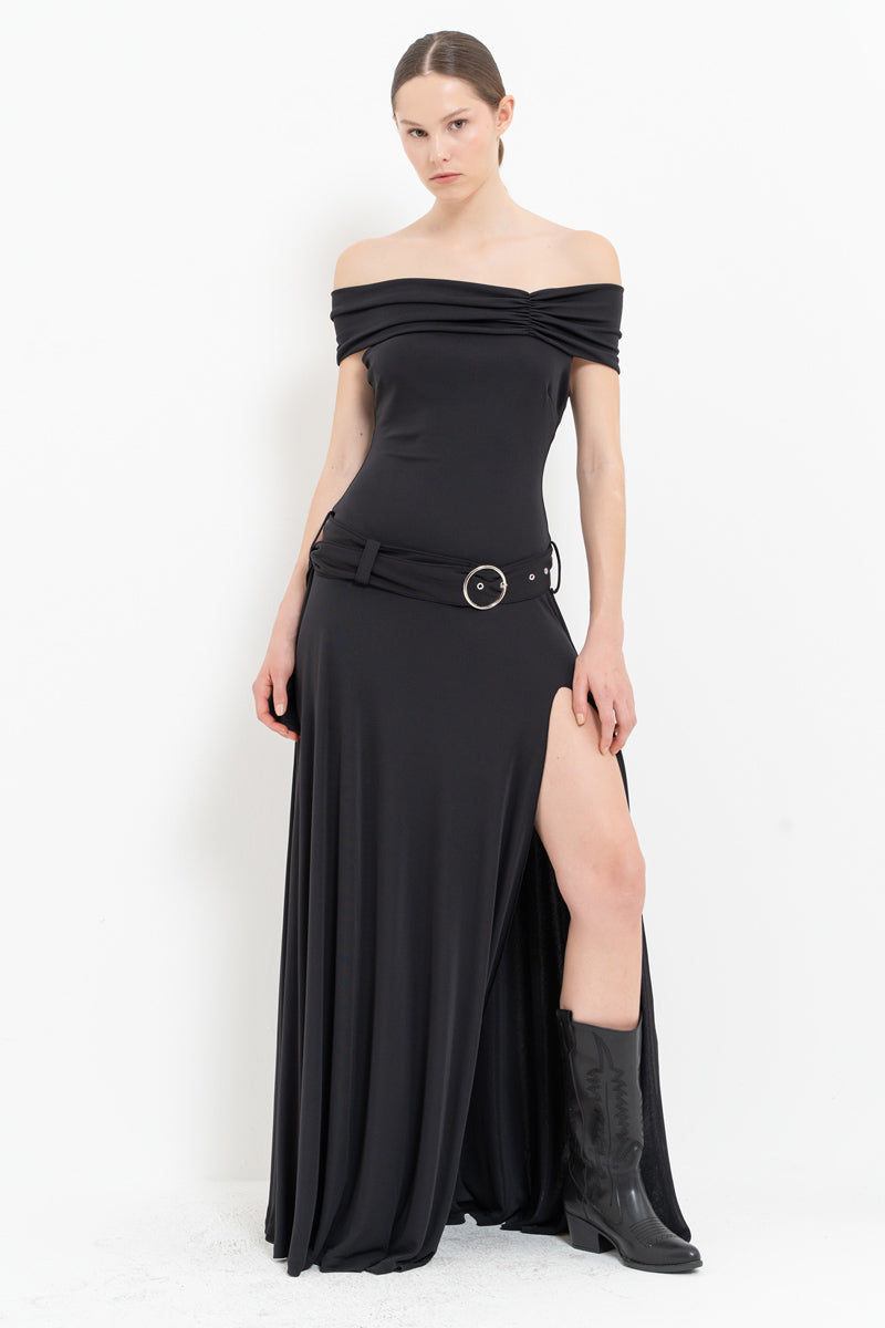 Black Belted Boat Neck Maxi Dress