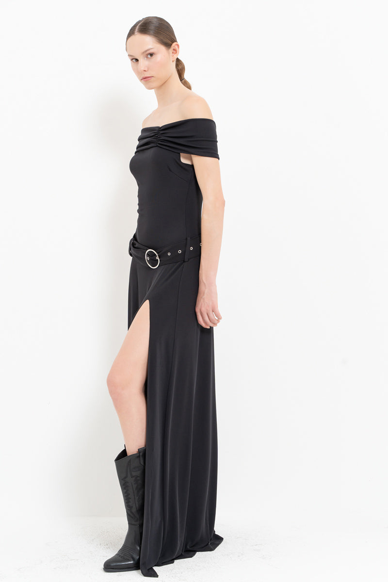 Black Belted Boat Neck Maxi Dress