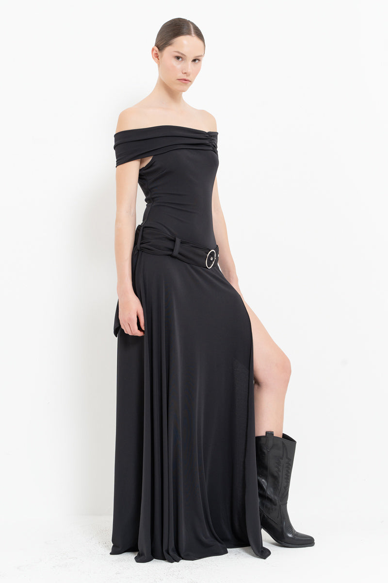 Black Belted Boat Neck Maxi Dress