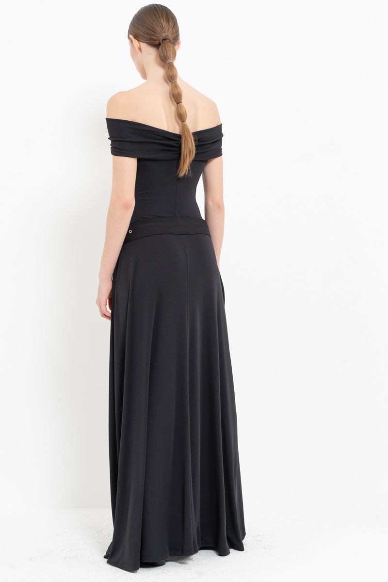 Black Belted Boat Neck Maxi Dress