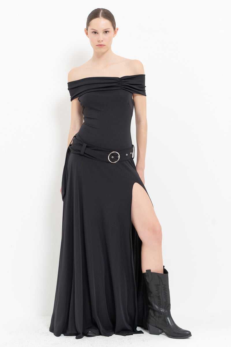 Black Belted Boat Neck Maxi Dress