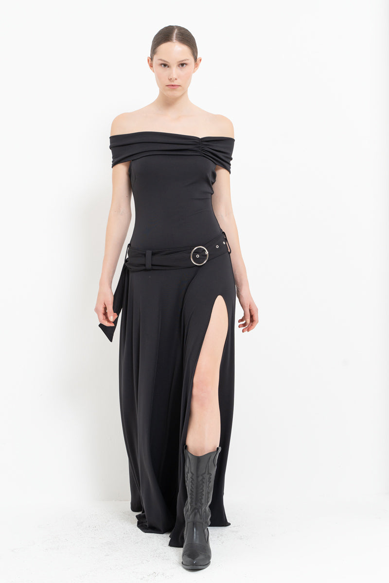 Black Belted Boat Neck Maxi Dress