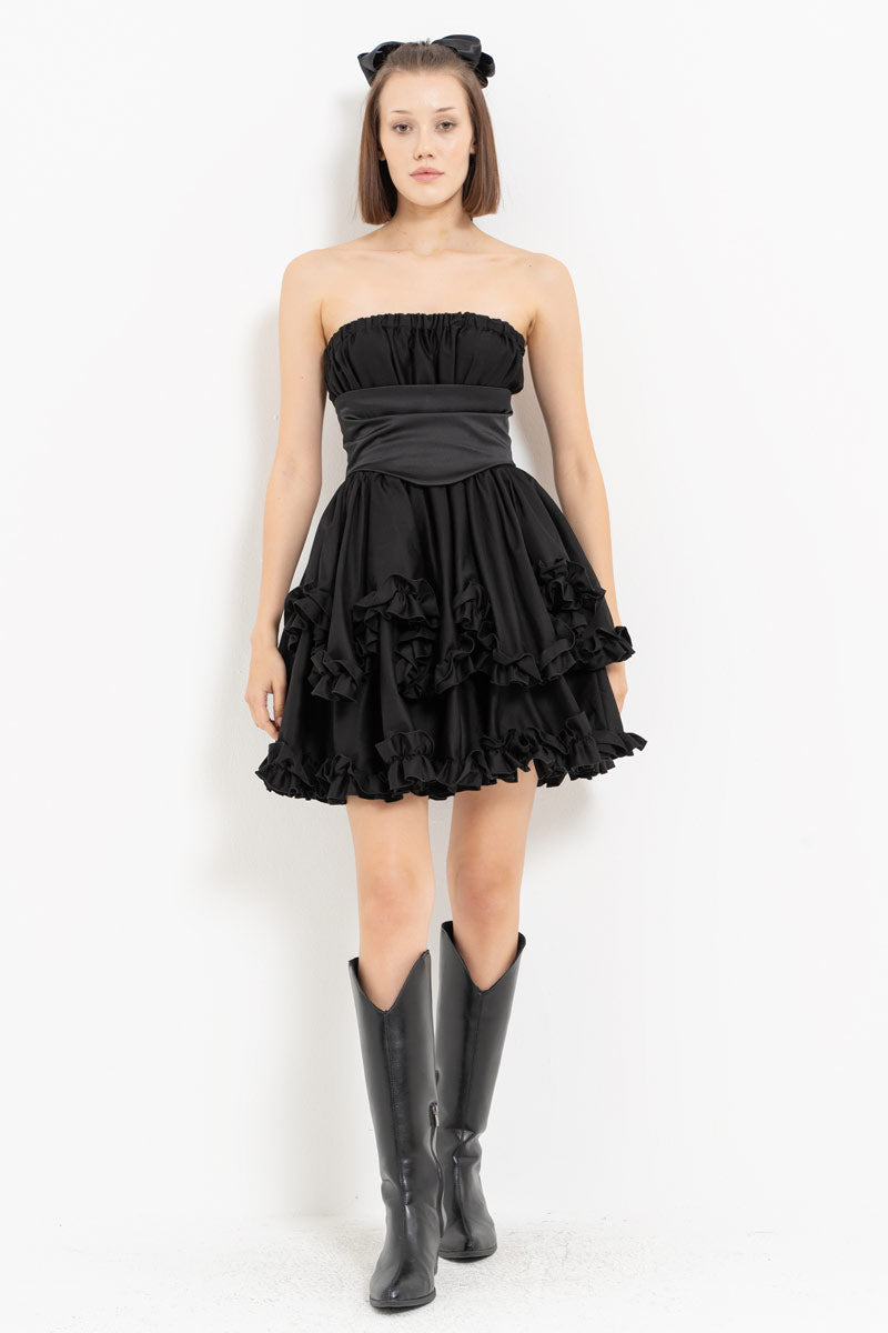 Black Corset Detail Strapless Ruffled Dress