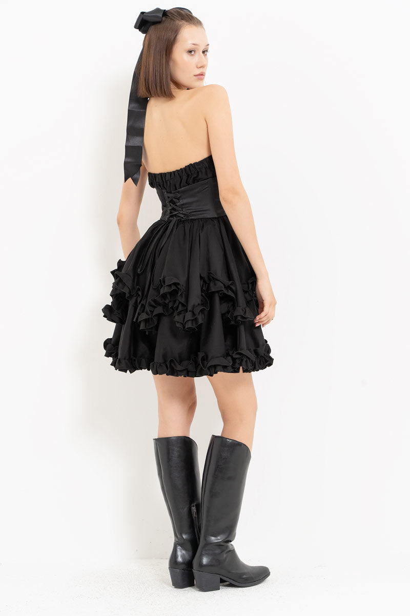 Black Corset Detail Strapless Ruffled Dress