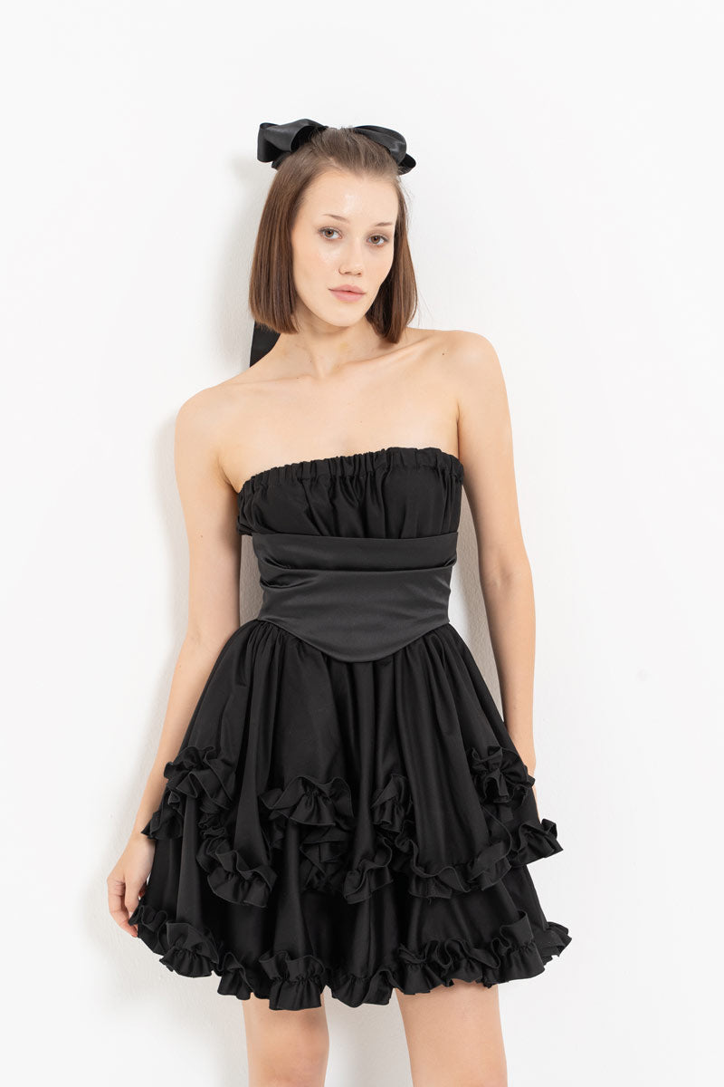 Black Corset Detail Strapless Ruffled Dress