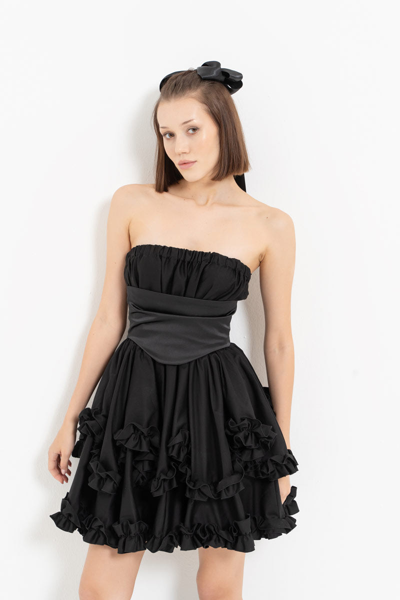 Black Corset Detail Strapless Ruffled Dress
