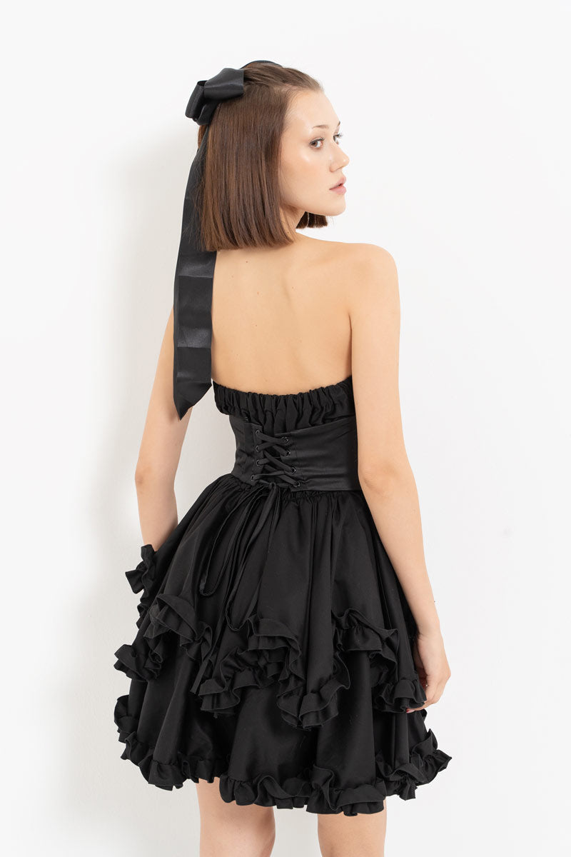 Black Corset Detail Strapless Ruffled Dress